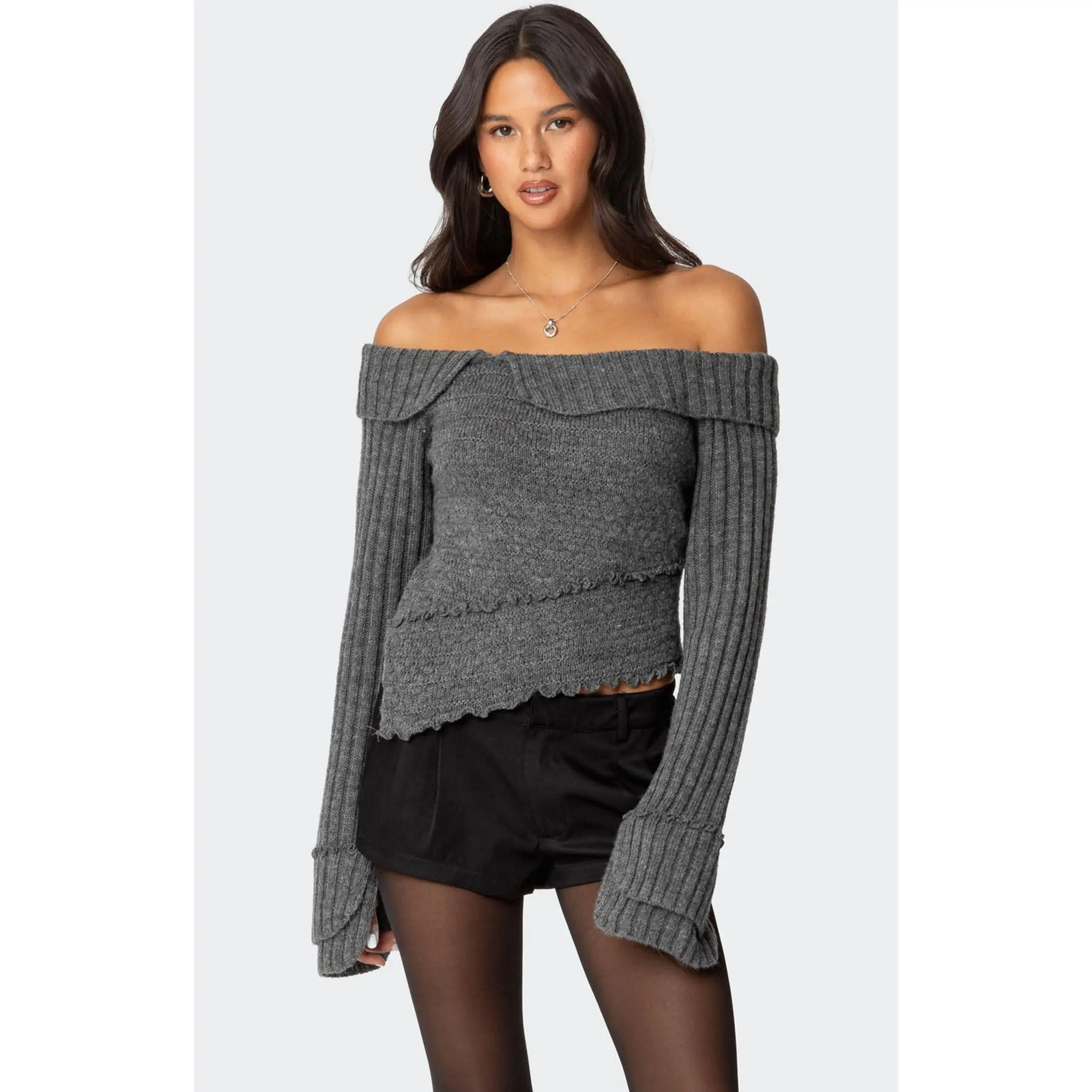 Edikted Women's Mikkie Asymmetric Fold Over Knit Top