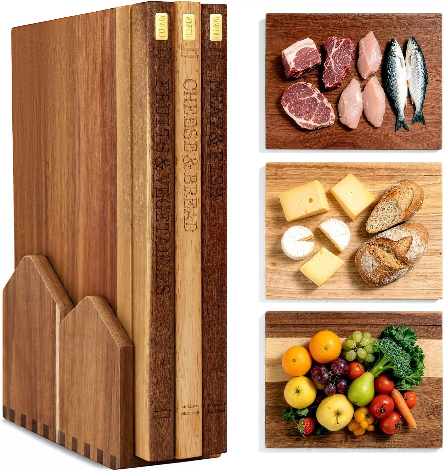 Book-Shape  Design  Cutting Board Set with Wooden Stand, 3 Labeled Wood Chopping Boards  Kitchen Prep & Storage Knives Portable chopping boards anti slip Chic chopping boards tablas decortar