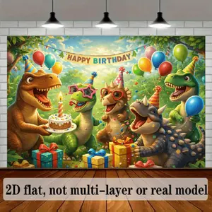 2D Flat Banner Polyester Photography Backdrop, HD Digitally Printed Cartoon Dinosaur Birthday Party Background Cloth, Soft Lightweight Foldable Machine Washable Photo Booth Decor for Celebrations, Event Decorations, and Studio