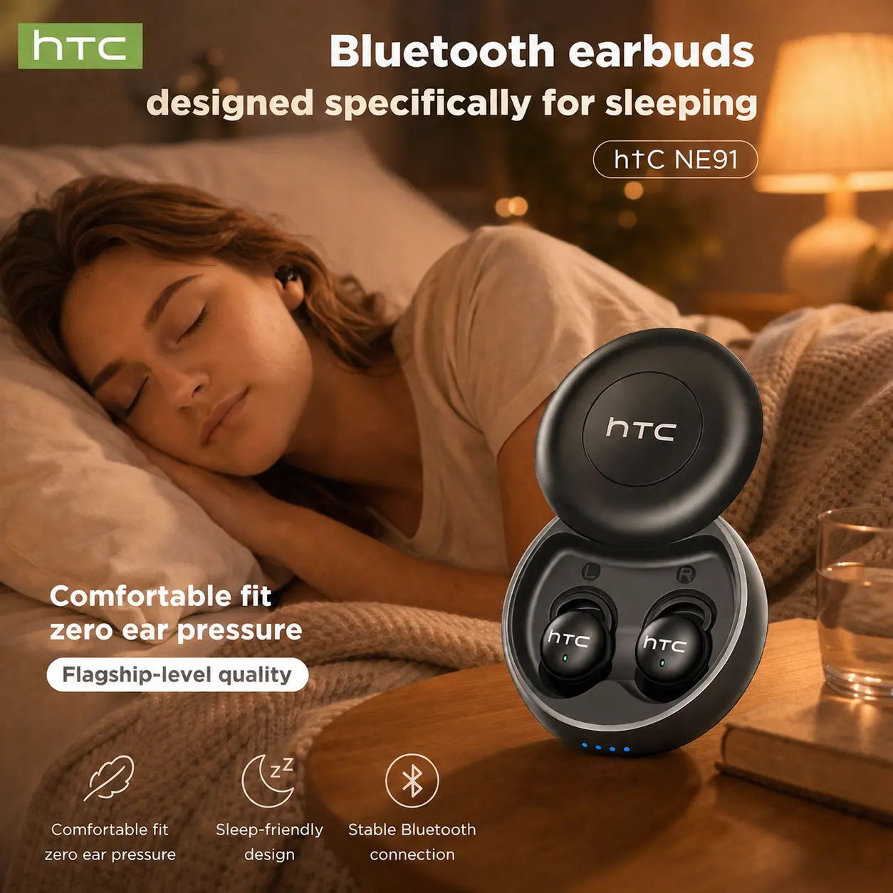 HTC NE91 Ultra-Comfort Sleep Earbuds, Bluetooth 6.0 Wireless Waterproof Earphones for Sleeping, Side Sleepers, Work, Gaming & Music