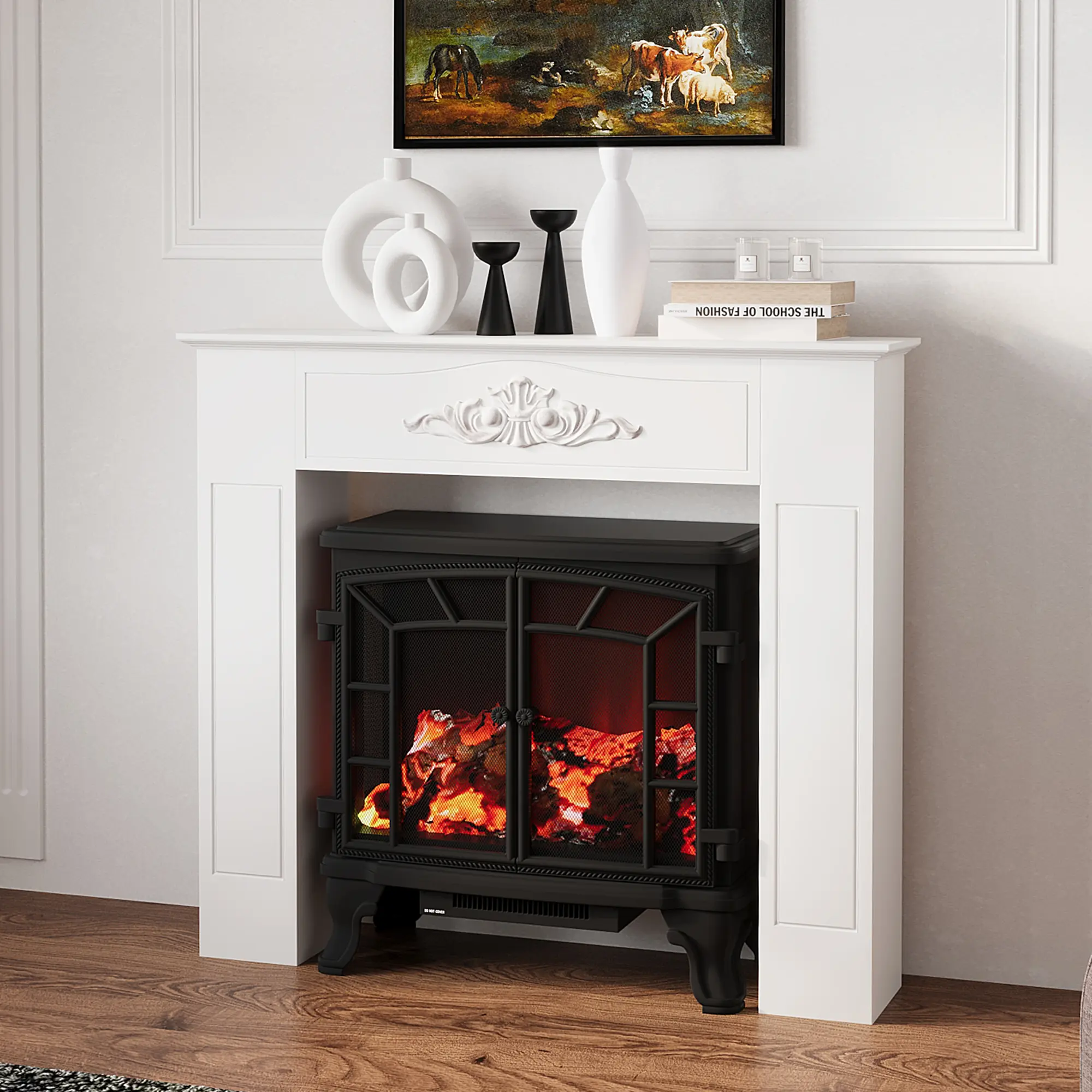 White Wooden Freestanding Fireplace Surround - Modern 44.7" W x 40" H Mantel Frame with Sturdy Support Legs, Compatible with 18"-24" Electric Fireplace Inserts, for Living Room & Bedroom Decor