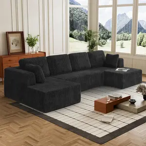 【New Year Special Discount】 Niccae 132'' Oversized U-Shaped Modular Sofa, 3 PCS, Modern Corner Cloud Sofa with Plush Corduroy, Full Foam Lounge, Double Chaise & 6 Cushions for Living Room