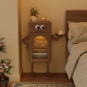 【Summer】TimberKnows Robot Nightstand with Sensor Light, Mid-Century Modern Tall Bedside Table with Drawers, Adjustable Dividers, Solid Wood Construction, Walnut Storage Nightstand for Bedroom & Living Room