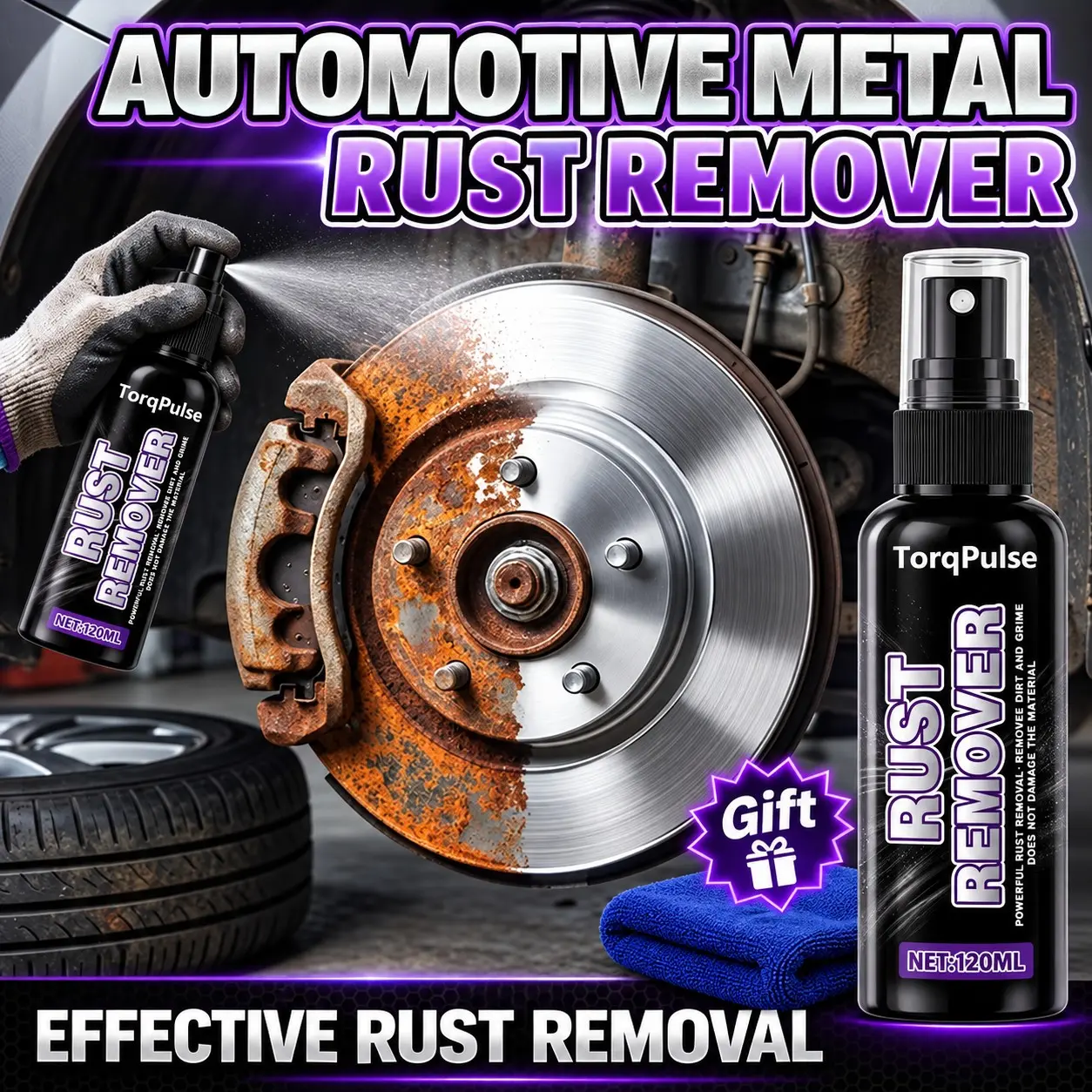 Powerful Metal Rust Remover Spray Kit (1/2 Pcs) with Microfiber Towel, Auto Parts Rust Restoration, Quick DIY Shine Restore for Brake Discs, Wheel Hubs, Chassis, Bolts, Automotive & Household Use, Powerful Spray