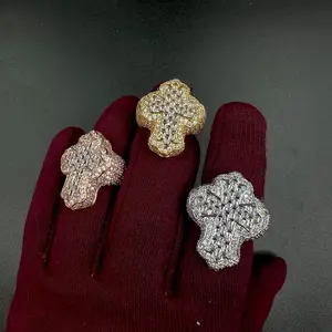 Iced Out Cross Finger Ring, AAAAA Zircon Prong Setting Hip Hop Jewelry
