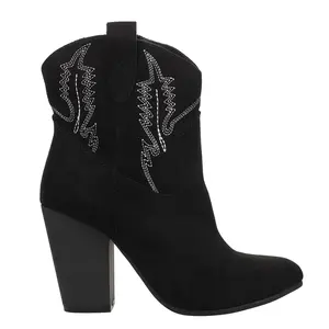 Code West Womens Slayer Embroidery Round Toe Casual Boots Ankle High Heel 3" & Up - Black Code West Womens Slayer Embroidery Round Toe Casual Boots Ankle High Heel 3" & Up - Black