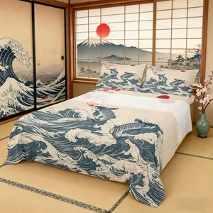 Waves Sheet Set,Koi Cherry Blossom Sunrise Bed Sheet with Deep Pocket Fitted Sheet + Flat Sheet + Japanese Art Landscape Romantic Natural Bedding Set for Kids Teens Room Decor