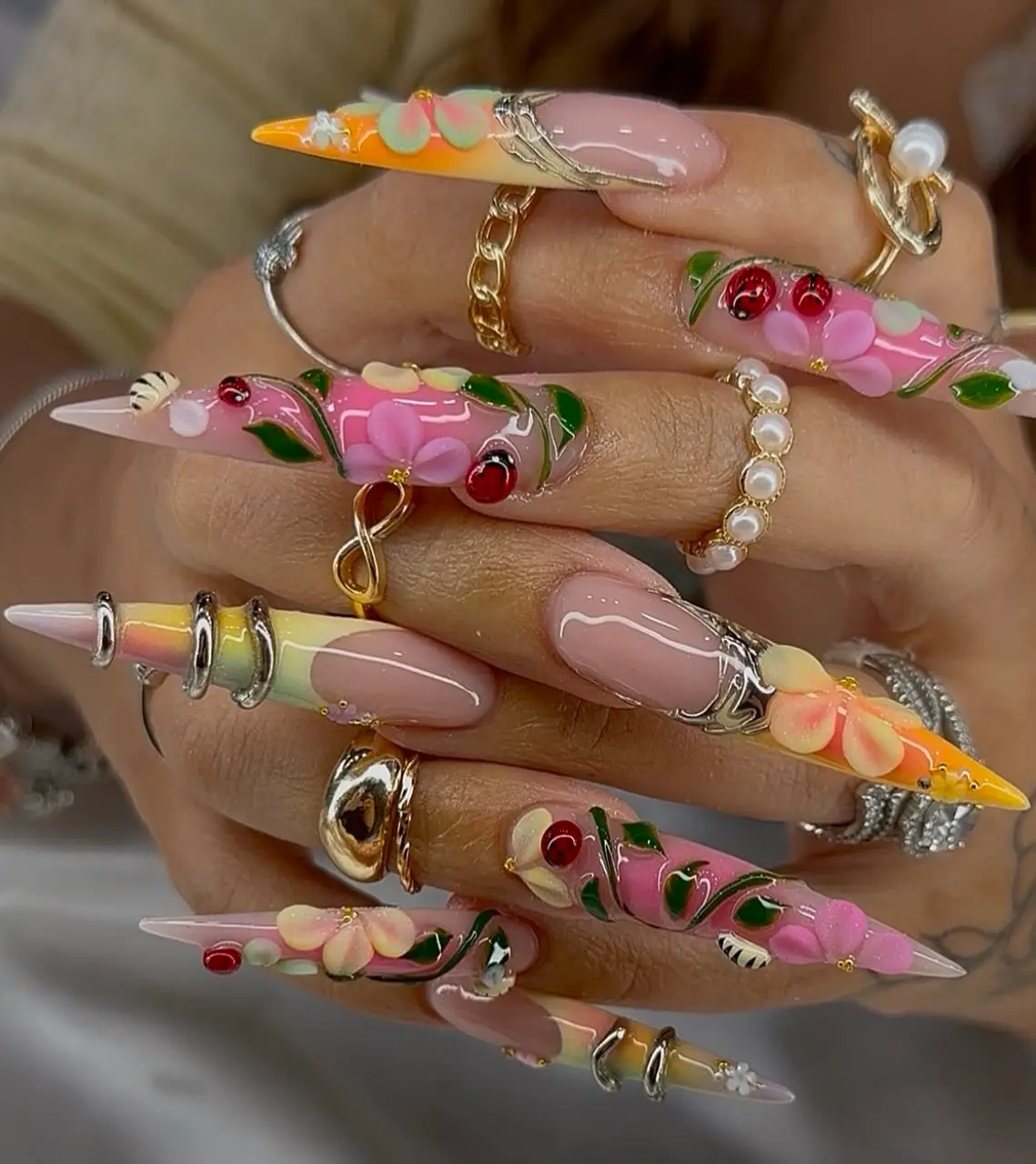 [ Summer Glam Sale - Luxury Press On Nails ] Premium Handmade Long Stiletto Press On Nails – 3D Garden Floral Ladybug Honeybee Silver Chrome Fake Nails Full Set