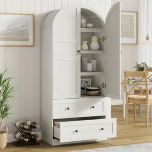 72" Tall Arched Kitchen Pantry Cabinet – Farmhouse Freestanding Wood Storage Cabinet with 2 Drawers, Doors & Shelves – Versatile Sideboard Buffet for Dining and Living Room – Rustic Gray White Natural