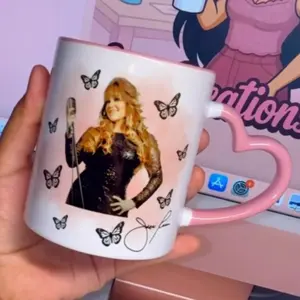 Jenni R 11 oz Heart Mug Ceramic with Butterfly Design and Pink Handle Drinkware