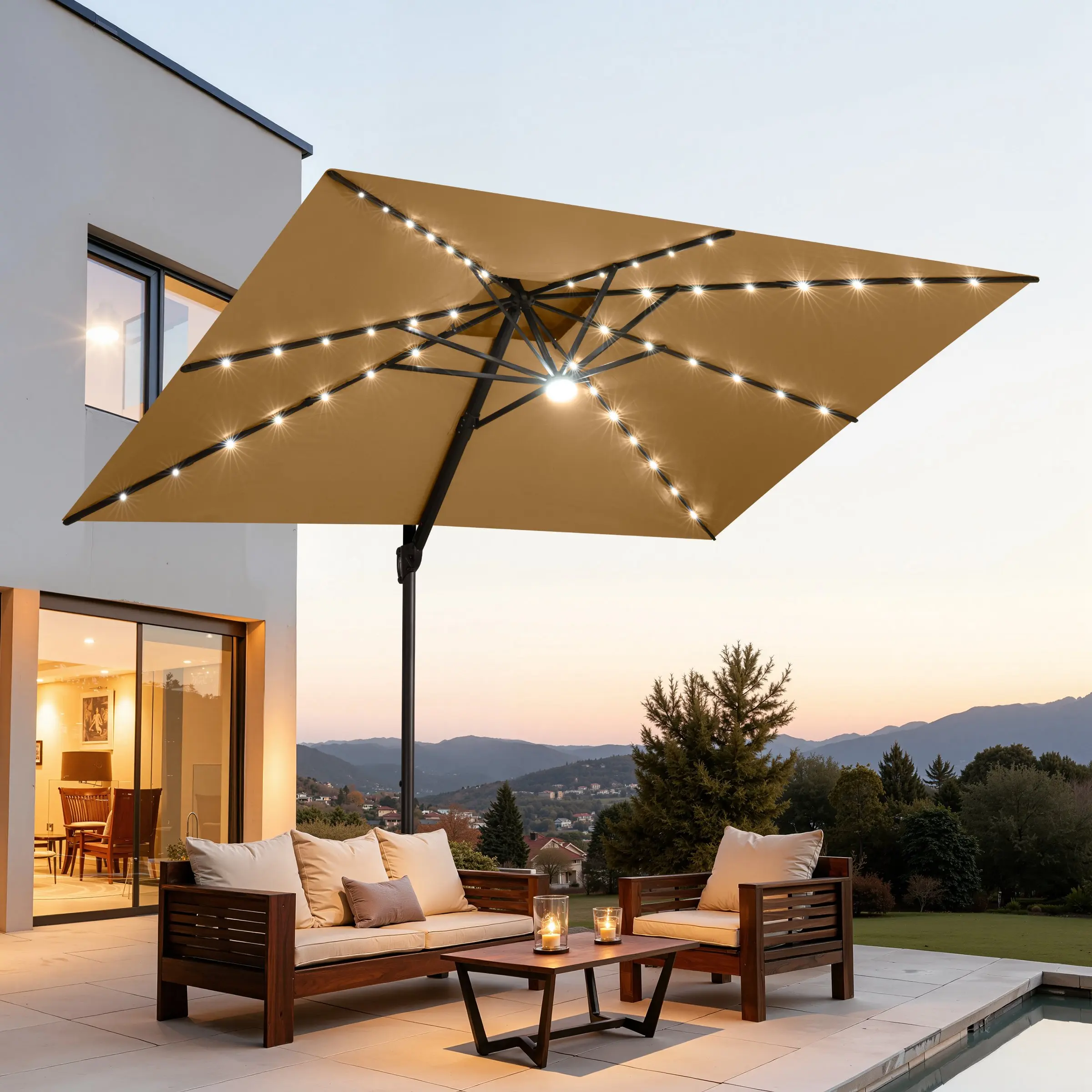 Crestlive Products 11x9 ft Double Top Patio Outdoor Umbrella with LED Lights, Market Table Umbrella, Rectangular Tilting Parasol, 500H Fade-Resistant & Water-proof for Poolside Garden Backyard
