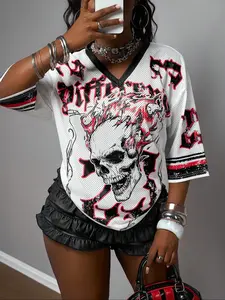 Women's Breathable Mesh Contrast Mesh Design Skull Print Sports Top, V-Neck Y2K Hip-Hop Style, Music Festival Street Party, Unique Fashion Shirt, Fitted Cut