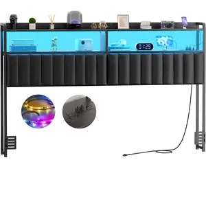 Cyclysio Headboard for King/QueenFull/Twin Size Bed Frame, Upholstered Headboards with Outlets, USB Ports and LED Light, Leather Head Board with Storage, Height Adjustable, Comfortable Headboard, Black