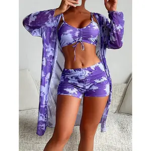 Women's Tie-Dye Printed Ruched Bikini Swimsuit Set, Casual Long-Sleeve Open-Front Cover-Up, High-Waisted Swim Bottoms and Drawstring Swim Top, Fashionable Women's Summer Swimwear, Bikini Style Swimsuit KA-P507