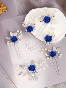Elegant Blue Soft Clay Flower Hair Accessories Set, Silver Color Leaf Design, Perfect for Brides Wedding Hairstyles