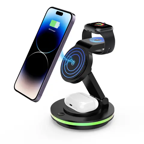 Aesthetic Charging Station 4-in-1 Magnetic Wireless Charger - Foldable-Rotatable Mag-Safe Compact Multi-Device Charging Stand Combo, Folding, Adaptive Wireless Charging for iPhone 18/17/16/15/14/13/12, Smart Watch 9-2/SE, Earbuds Pro/3/2, Ideal Gift