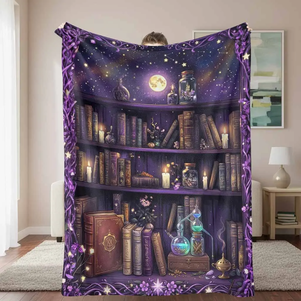 Moonlight Alchemy Library Flannel Throw Blanket - Moon Illustration, Mystic Potion Bottles & Vintage Books Print, Soft Warm Durable Decorative Blanket for Bedroom, Reading Nook, Ideal Gift, Moon Illustration Blankets
