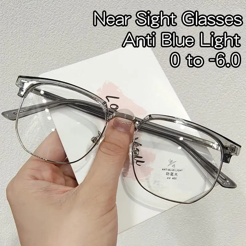 Men's Half-Frame Metal Rectangle Anti-Bluelight Blocking Myopia Eyeglasses - Statement Frame Glasses for Optical Business Use, Myopia Lenses, Fashion Statement, Unisex, Blue Light Blocking Lens, Semi Rimless, Metal Frame, Eyewear Fashion
