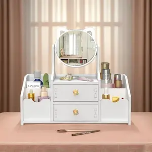 1PC desktop cosmetic storage box with mirror design | freestanding multi-compartment | portable and easy to install dresser storage