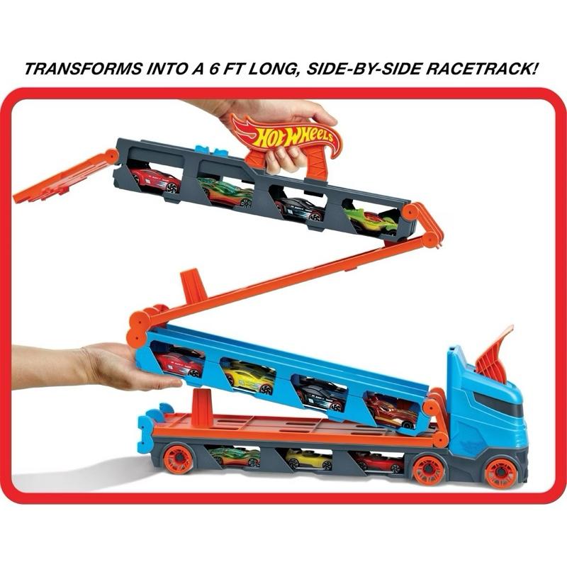 Hot Wheels Speedway Hauler Storage Carrier with 3 1:64 Scale Cars & 6-Foot Drag Race Track for Kids 4-8 Years Old HGH33