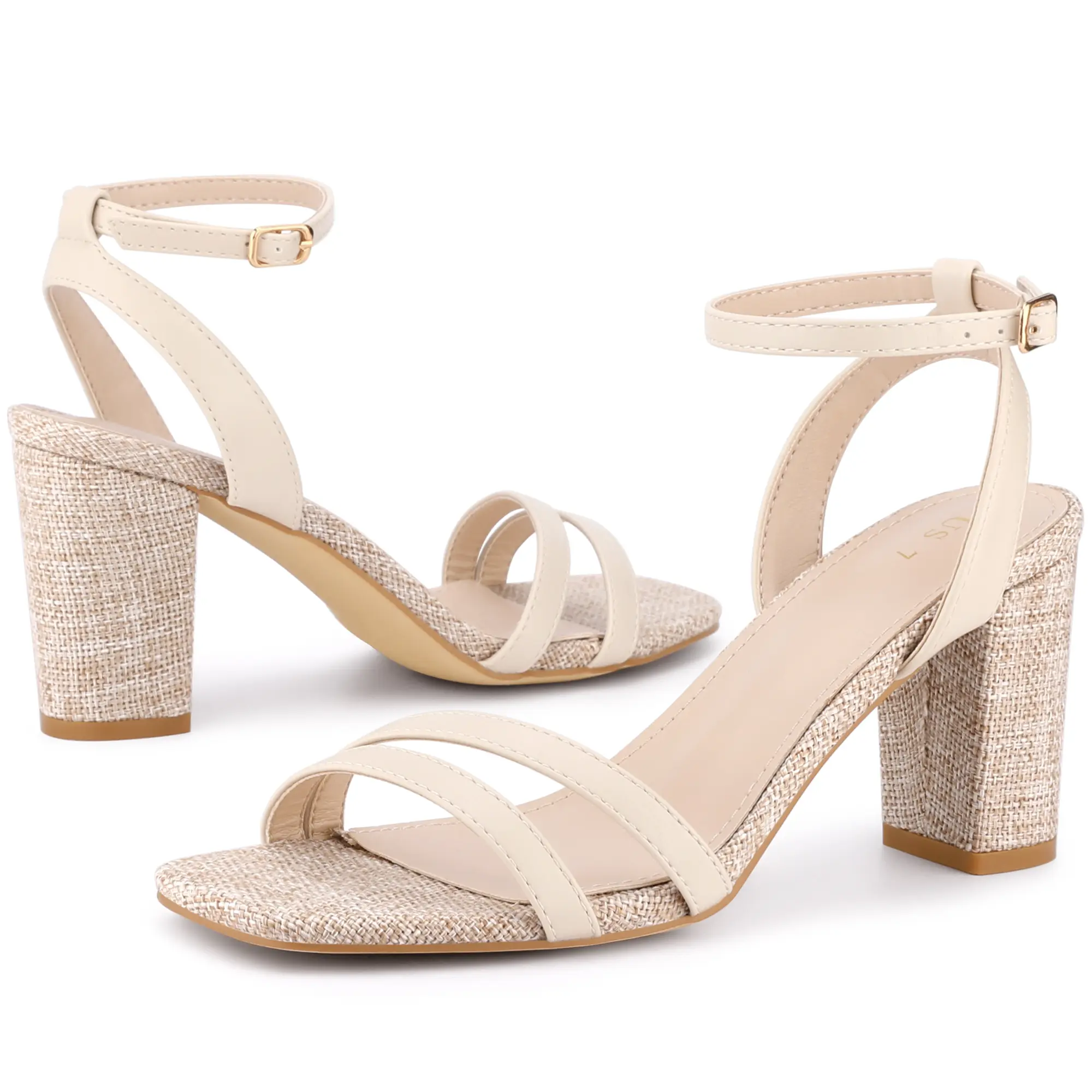 BLISSFUL STEP Women's Square Toe Strappy Linen Slingback Chunky Heels Sandals