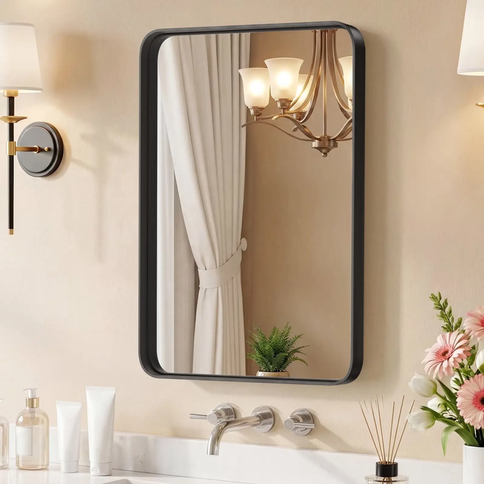 CONCETTA Shatterproof Bathroom Wall Mirror –24" x 36" Vanity Mirror with Rectangular Metal Frame, Anti-Fog, Black, Gift for Mother's Day