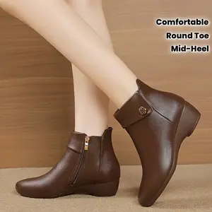 Women'S Chunky Mid-Heel Ankle Boots with Side Zipper - Brown Synthetic Cover Round Toe, Plush Lined & TPR Sole, All-Season Comfortable Casual to Formal Shoes for Everyday & Special Occasions
