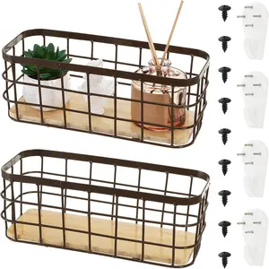 Set of 2 Small Wire Baskets, Narrow Rustic Storage Bin for Bathroom Counter, Farmhouse RectangleOrganizer Tray for Kitchen Countertop, Pantry, RV, School Classrooms, Office Decorative