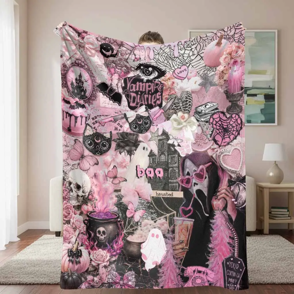 Pink Gothic Flannel Blanket with Vampire Cat Ghost Pumpkin Rose Web Print Soft Cozy Lightweight Warm Throw for Sofa Bed Dorm Halloween Party Home Decor Gift for Her