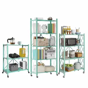 3/4/5- Tier Movable Vertical Multi-Functional Storage Racks, Portable Metal Folding Storage Racks with Locking Wheels, Large - Capacity Kitchenware Storage Racks That Require No Installation. Suitable for Families, College Dormitories