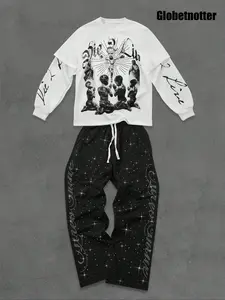 Women's Jesus Print Pullover Sweater Set, Autumn Winter Casual Style, Trendy Streetwear Two-Piece, Rhinestone Straight Leg Pants