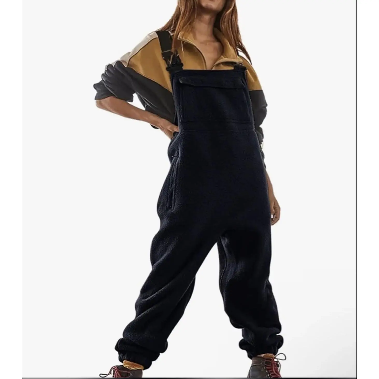 Fleece Jumpsuit in Black with Adjustable Straps and Ankle Strings - Size Large