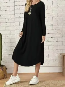Autumn Winter Lazy Style Lady Dress Womenswear, Casual Wear, Casual Everyday Wear, Fitted, Multiple Colors Available, Long Sleeve Round Neck Pocket Design, Soft Drapey Comfortable Slim Fit, Casual Fashionable Dress, Casual Swing Dress