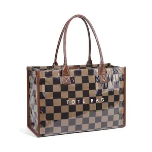 Women's Retro Checkered Letter Print Casual Tote Bag, Large Capacity Transparent Commuter Handbag, Versatile Daily Use Shoulder Bag