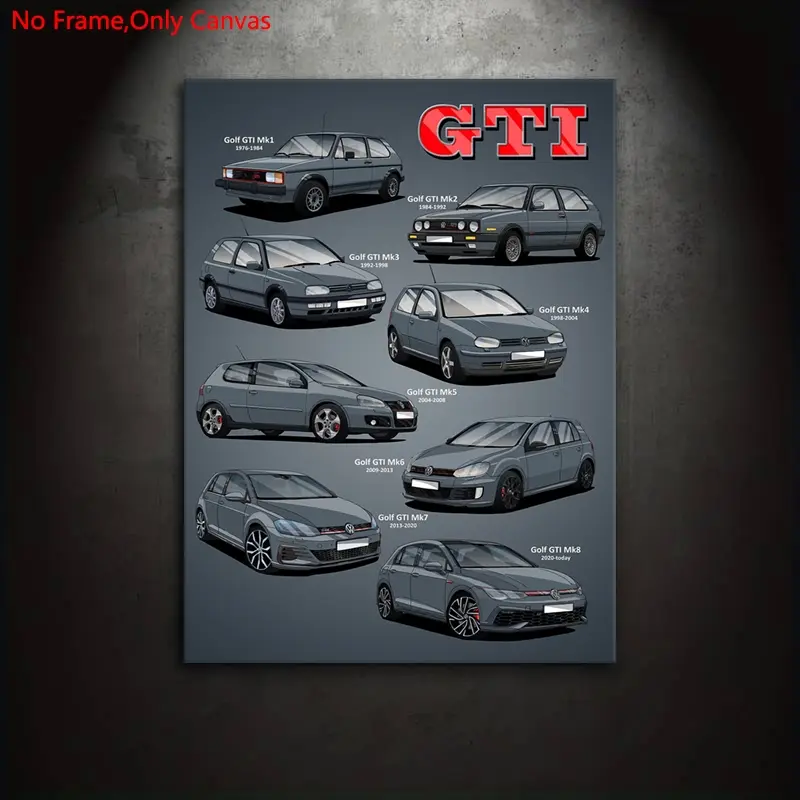 1 piece/set frameless canvas painting print poster, Unframed Art Print, Decorative Artwork, classic car minimalist art, Golf GTI family evolution, gift for high-performance sports hatchback enthusiasts, bedroom, living room, kitchen, Decoration