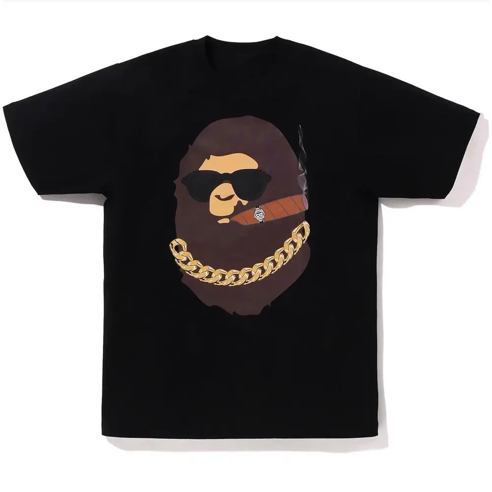 TRENDING 2026 Unisex Black Hip Hop Streetwear T-Shirt Cool Ape Head with Cigar & Gold Chain Graphic
