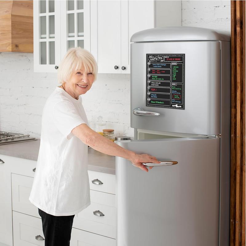 Magnetic Dry Erase Menu Board for Fridge – Weekly Meal Planner Chalkboard with 4 Liquid Chalk Markers, Grocery List & Notepad for Kitchen Refrigerator