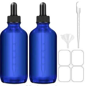 Dropper Bottles, 4oz Blue Bottle with Dropper for Essential Oils with Funnel, Labels & Pipette, 2-Pack Tincture Bottles with Dropper(Unbreakable Plastic Eye Dropper) Canister Organiser