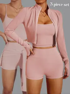 Women's Yoga Sport Set, Casual Sexy Outdoor Running U-Back Top, High-Waisted Shorts, Long Sleeve Thumb Hole Jacket, Spring & Fall, Yoga Clothes Set