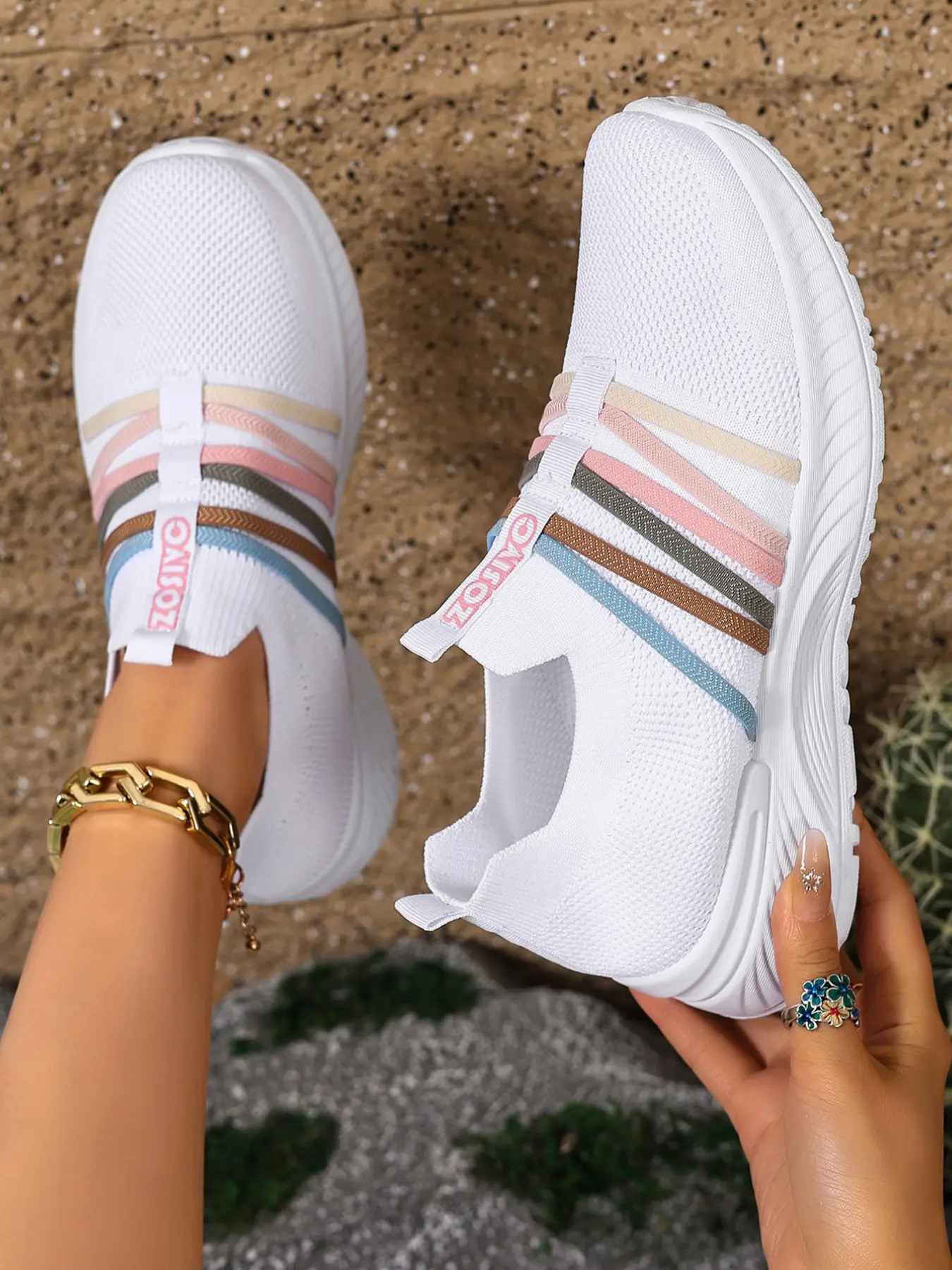 Women's Rainbow Color Casual Sports Shoes, One-Step Breathable Mesh Lightweight Sneakers, Beach Vacation Camping Spring Summer, Beach Outdoor Sneakers, Fashion Trendy Sneakers, Fashionable Casual Sneakers