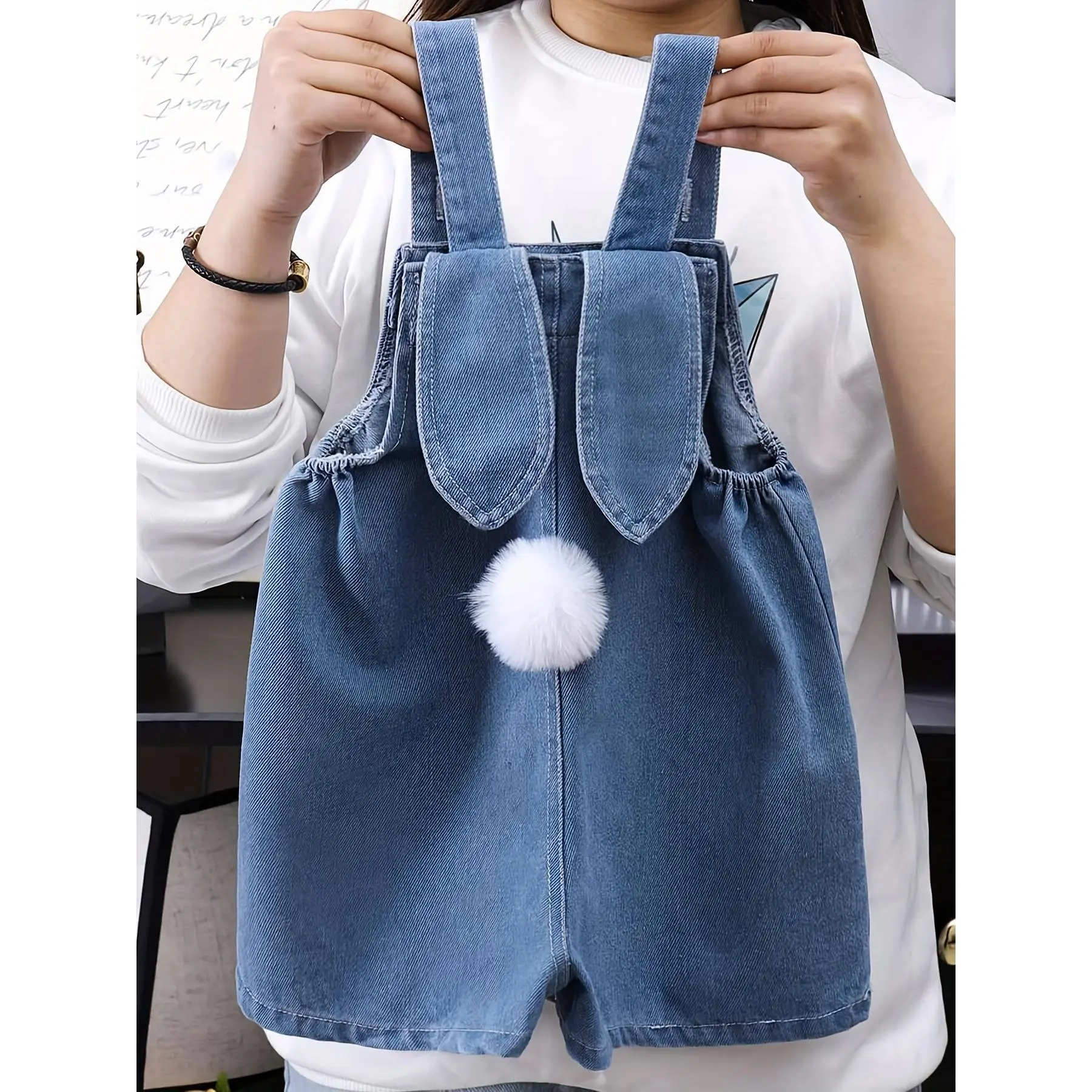 Girls' 2026 Summer New Basic Plain Polyester Strap Shorts - Korean-Style 2nd Gen Hairball Rabbit Embroidery, Casual Clothes for Outdoor Use, Sizes 6-9M, 9-12M, Toddler Fashion, 2Nd Generation