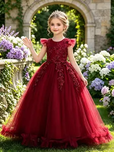 Girls' Embroidered Floral Evening Dress, Child Birthday Princess Dress, Girl lace  princess dress floor length wedding flower girl dress, Piano Performance Dress, Elegant Party Dress, Multiple Colors Available