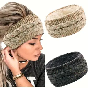 Black Friday Winter Women Bow Front Ear Warmer Headbands 2 Pack, Cozy Furry Lined Stretchy Elastic Polyester Hairbands, Universal Size Warm Hair Accessories for Outdoor Running & Cold Daily Outfits