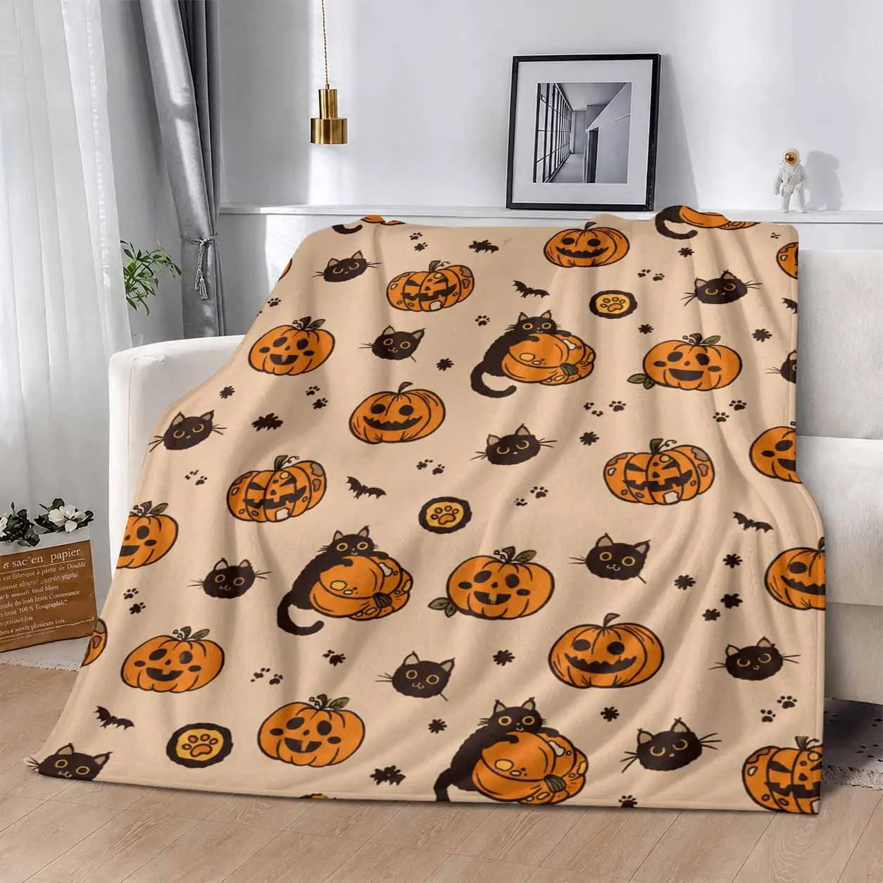 Suitable for bed. sofa. camping movie theater or travel! A perfect gift for your family and friends. Halloween Black Cat Pumpkin Throw Blanket. Cute Kitten And JackOLantern Print Pattern. Soft Plush Lightweight Cozy Breathable Decorative Bedding.