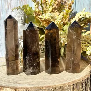 Natural Smoky Quartz Crystal Tower Healing Crystal Point Reiki Wand Hexagonal Obelisk Specimen Home Decor-1pcs