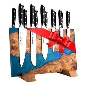 SliceElite Magnetic Knife Block Double Sided Knife Holder Artisan Finished East Indian Walnut and Blue Resin Stand Strong Magnetic Knife Storage for Kitchen Countertop Holds Up To 20 Knives Non Slip Base