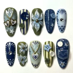 3D Button & Pocket Press On Nails | Handmade Vintage Denim Aesthetic Nails | Whimsical Floral & Star Reusable Fake Nails | High-Quality Custom Nail Art | Gift