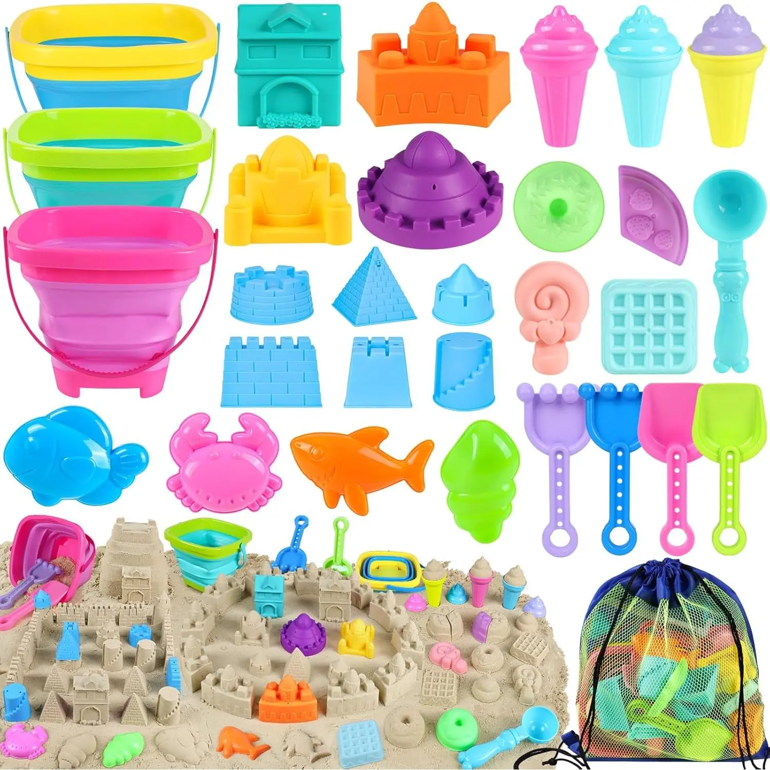 P-TBT062 Collapsible Kids Beach Sand Toys Set - 3 Foldable Buckets & Shovels, Eco-Friendly Oxford Cloth Backpack Design Mesh Bag, Ice Cream Making Christmas Castle Building Kit for Toddlers Age 3-10