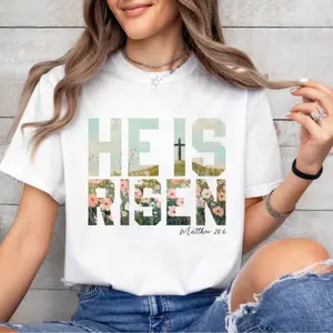 He Is Risen Easter Shirt, Christian Jesus Bible Verse Tee, Boho Floral Cross Shirt, Faith Based Graphic T-Shirt, Easter Gift