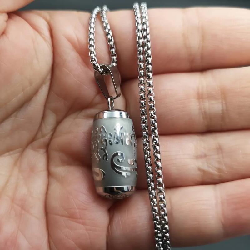 Social Media Aesthetic316 Stainless Steel Om Mani Padme Hum Pendant Necklace - Mantra Bottle Ash Box, Vintage Commemorative Jewelry with Gift Bag and Six-Word Mantra Paper